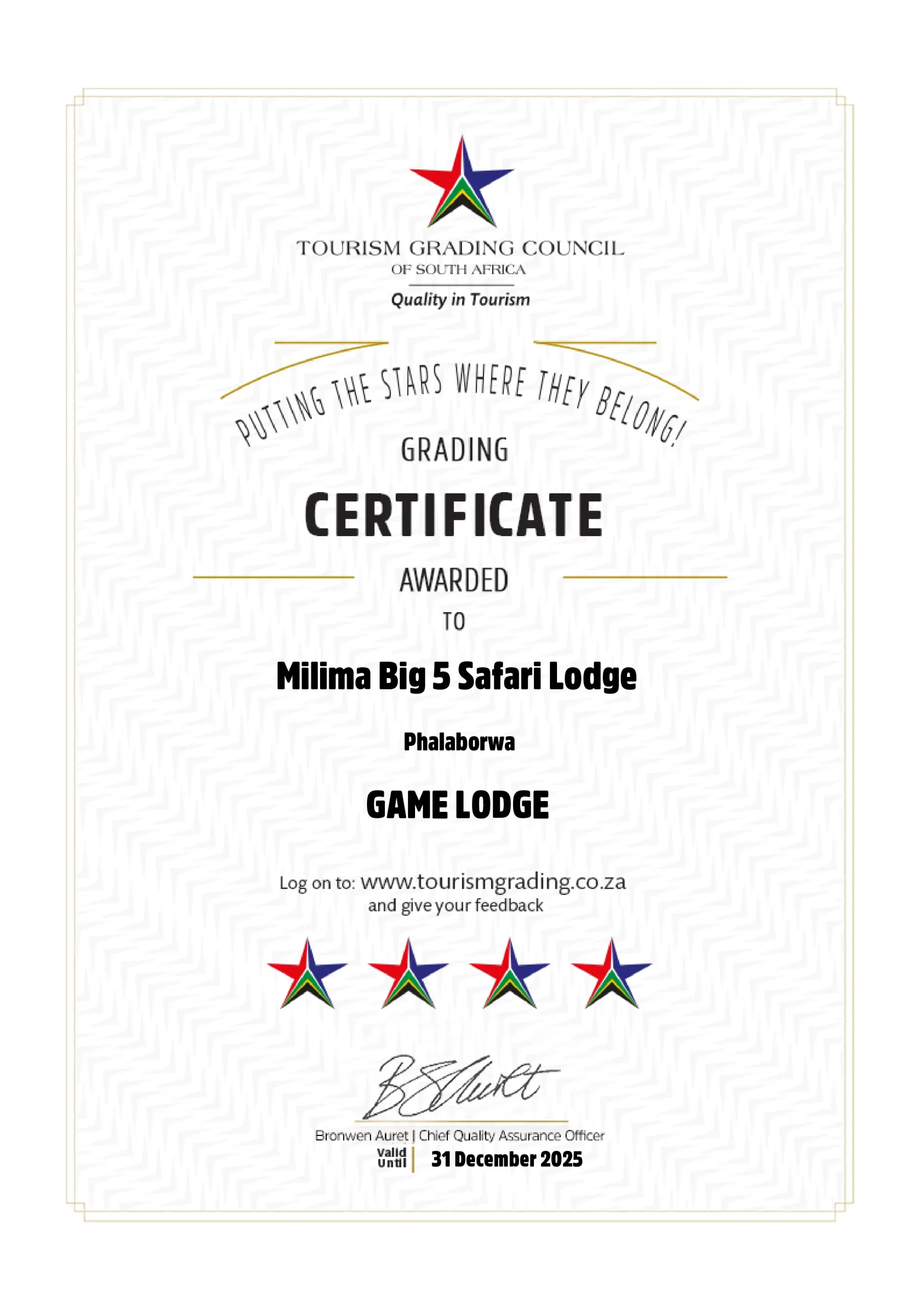 4-star Game Lodge certificate awarded to MILIMA Big 5 Safari Lodge